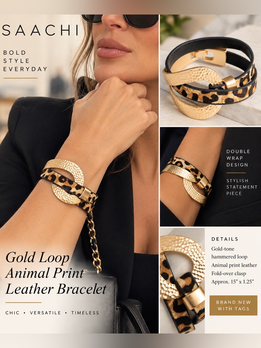 SAACHI Gold and Leopard Print Double-Wrap Bracelet